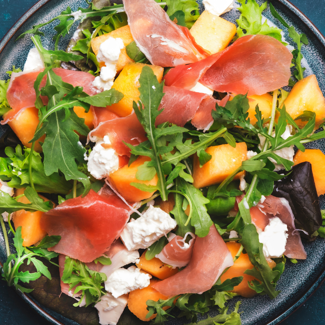 PROSCIUTTO & CANTALOUPE SALAD WITH MAYAN HONEY: TSITSILCHÉ BLOSSOM