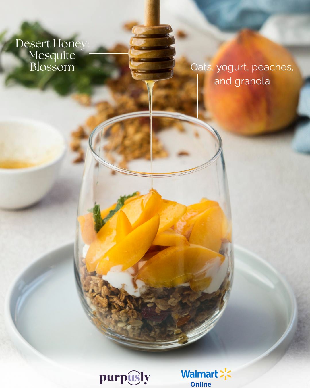 🥣 Granola bowl with Greek yogurt, oats, peach & Ceimayá Desert Honey: Mesquite Blossom